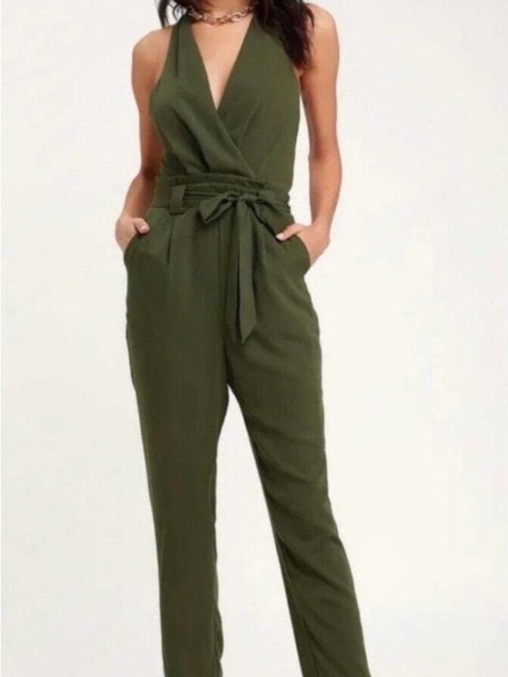 Lulu's Olive Green Sleeveless Wrap Jumpsuit with Tie Waist
